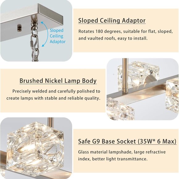 Modern Rectangular 6-Light Chandelier | Brushed Nickel, Adjustable & Dimmable - Picture 6 of 9